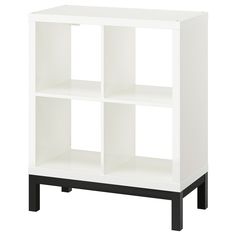 a white bookcase with four shelves on each side and black legs, against a white background