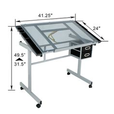 an image of a glass desk with drawers on wheels and measurements for the top section