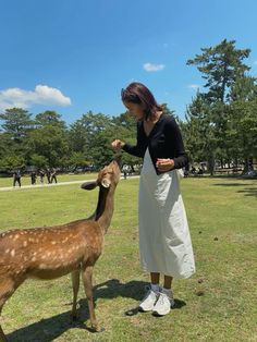 a woman feeding a deer in a park