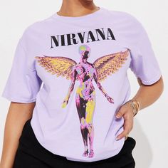 In Uteropurple Nirvana Graphic Crew Neck Band T-Shirt 100% Cotton Purple Band Merch T-shirt For Streetwear, Spring Purple T-shirt With Graphic Print, Graphic Print Purple T-shirt, Purple Graphic Tee With Graphic Print, Graphic Purple T-shirt With Graphic Print, Lavender Graphic Print Tops For Summer, Summer Lavender Tops With Graphic Print, Lavender Tops With Graphic Print For Summer, Lavender Top For Spring Streetwear