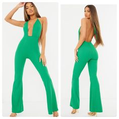 Prettylittlething Plunge Halter Neck Wide Leg Green Stripe Jumpsuit. Sz 10. New W/ Tag. Approx 28” Waist, 35” Inseam, 60” Length. 95% Polyester, 5% Elastane. Plunge Halter Neck Wide Leg Jumpsuit. Plunging V Neckline. Sleeveless Design. Backless Design. Halterneck. Full Leg Length. Flared Leg. Bow Tie Closuire At Back. Stretch Fit. Elastic At Waist. Green V-neck Jumpsuits For Night Out, Green Stretch Halter Neck Jumpsuits And Rompers, Green Stretch Halter Neck Jumpsuit, Green Halter Neck Jumpsuit With Stretch, Trendy Fitted Halter Neck Jumpsuits And Rompers, Solid Color Backless Bodysuit For Date Night, Solid Backless Bodysuit For Date Night, Backless Solid Color Bodysuit For Date Night, Backless Solid Bodysuit For Date Night