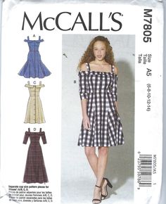 a woman's dress and top sewing pattern from the mccalls catalog, with an off - shoulder neckline