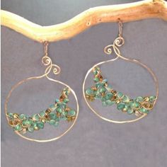 Luxe Bijoux 202 Hammered swirl hoops with by CalicoJunoJewelry Unique Hand Forged Green Earrings, Elegant Green Spiral Jewelry, Green Sterling Silver Wire Wrapped Jewelry, Green Wire Wrapped Sterling Silver Jewelry, Green Sterling Silver Hammered Jewelry, Wire Wrapped Green Sterling Silver Jewelry, Green Hammered Sterling Silver Jewelry, Green Hammered Bohemian Jewelry, Green Bohemian Hoop Jewelry