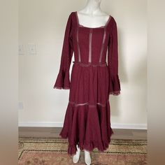 Good Condition As Vintage Tag Said Size 12 Fit Size 4 Or 6 From (Pit To Pit 17 Inch )Waist 14 Inch Long 47 Inch Elegant Fitted Prairie Dress For Fall, Fitted Midi Prairie Dress With Ruffles, Fitted Midi-length Prairie Dress With Ruffles, Fitted Long Sleeve Lined Maxi Dress, Fitted Bohemian Prairie Dress, Midi Length, Fitted Maxi Length Prairie Dress, Red Fitted Bohemian Midi Dress, Fitted Bohemian Red Midi Dress, Fitted Red Bohemian Midi Dress