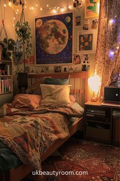 a bed room with a neatly made bed and lots of lights