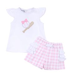 This Batter Up Applique Ruffle Flutters Toddler Short Set is the perfect balance between feminine charm and sporty edge. Crafted from lightweight cotton and adorned with delicate ruffles and flutter sleeves, this two-piece set is a refined statement for your little one. The sophisticated baseball applique adds a hint of playfulness for a luxury look that's truly unique. Baseball Applique, Baseball Shorts, Magnolia Baby, Baby Girl Shorts, Pink Ruffle, Short Set, Flutter Sleeves, Short Girls, Baby Sets