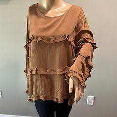 Anthropologie Eri & Ali Tiered Long Sleeve Ruffle Top Xl Brown Ruffle Sleeve Tops For Layering, Casual Long Sleeve Top With Ruffles For Spring, Flowy Blouse For Layering In Fall, Flowy Blouse For Fall Layering, Bohemian Long Sleeve Tops With Ruffle Hem, Fall Layering Tops With Ruffle Hem, Brown Ruffled Blouse For Day Out, Billowy Casual Ruffled Tops, Bohemian Tops With Ruffle Hem For Day Out