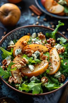 Salad with arugula, sliced pears, blue cheese crumbles, and walnuts. Pear Walnut Gorgonzola Salad, Christmas Picnic Food, Pear And Gorgonzola Salad, Gourmet Salad Recipes, Walnut Gorgonzola Salad, Creative Salad Ideas, Arugula Pear Salad, Christmas Lunch Recipes, Pear Gorgonzola Salad