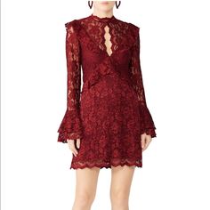 Saylor Lace Romantic Sheath Dress, Perfect For The Holidays! Red Floral Lace Dress With Sheath. Long Sleeves. High Neckline With Keyhole. Hidden Back Zipper Closure. Partially Lined. 33.5” From Shoulder To Hemline. Worn Only Once And Has Been Dry Cleaned Since. Size Xs. Elegant Burgundy Mini Dress For Spring, Red Lace Feminine Dress, Elegant Red Mini Dress For Wedding, Red Lace Mini Dress For Wedding, Elegant Red Lace Dress, Elegant Red Lace Dress With Scalloped Lace, Fitted Red Lace Dress For Evening, Burgundy Lace Evening Dress, Elegant Red Lace Cocktail Dress