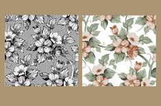 two different patterns with flowers and leaves on them, one is white and the other has brown