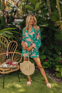 Spring Beach Jumpsuits With Surplice Neckline, Beach Jumpsuits And Rompers With Surplice Neckline For Spring, Summer Vacation Jumpsuits With Surplice Neckline, Summer Vacation Jumpsuits And Rompers With Surplice Neckline, Summer Long Sleeve Jumpsuits And Rompers For Vacation, Green Floral Print Jumpsuit For Brunch, Green Floral Print Jumpsuits And Rompers For Brunch, Summer Floral Print Jumpsuits And Rompers For Date Night, Belted Jumpsuits And Rompers For Spring Vacation