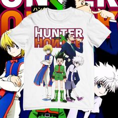 an anime t - shirt with the character hunter on it, surrounded by other characters