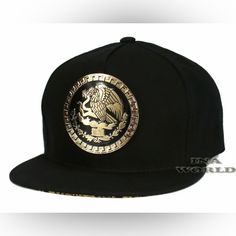 Mexico Hat Metallic Gold Federal Logo Snapback Flat Bill Baseball Cap-Black/Gold Gold Snapback Hat With Flat Brim For Streetwear, Gold Baseball Cap For Streetwear, Gold Snapback Baseball Cap For Streetwear, Gold Casual Baseball Cap For Streetwear, Casual Gold Snapback Hat With Flat Brim, Gold Flat Bill Hat For Streetwear, Gold Snapback Hat For Streetwear, Casual Gold Flat Brim Baseball Cap, John Deere Hats