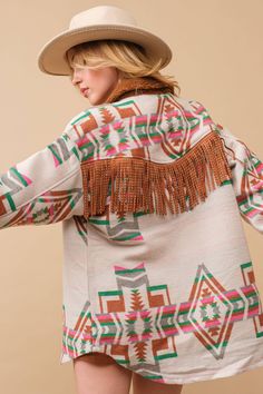 FINAL SALE! Jacquard Aztec Sherpa Collared Button Up Western Shirt Jacket features adorable brown fringe across the back with matching collar. Fuchsia and green pattern on ivory background shacket for cowgirls. Brown Fringe, Aztec Style, Aztec Fashion, Ivory Background, Western Shirt, Green Pattern, Western Shirts, Western Fashion, Shirt Jacket