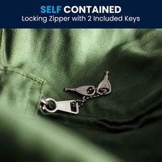 there is a pair of scissors in the pocket of a green jacket that says self contained locking zipper with 2 included keys