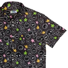 Sootsprites Anime Button Up Shirt Cute Collared Top With Graphic Print, Kawaii Cotton Shirt With Cartoon Print, Cotton Kawaii Shirt With Cartoon Print, Playful Printed Short Sleeve Shirt, Cute Fitted Shirt With Buttons, Kawaii Cotton Shirt With Character Print, Kawaii Short Sleeve Shirt With Character Print, Cosplay Cotton Shirt With Character Print, Cotton Cosplay Shirt With Character Print