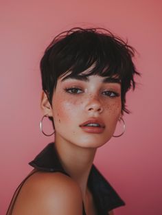 Curtain Bangs Pixie Cut, Looking Reference, Straight Pixie Haircut, Edgy Portrait Photography, Person Looking Up Reference, Pixie Cut Women, Pixie Cuts For Round Faces, French Pixie, Feminine Pixie Cuts