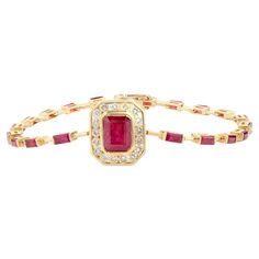 This 5.62 CTW Ruby and Diamond Wedding Bracelet for Women in 14K gold showcases endlessly sparkling natural ruby, weighing 5.62 carat and diamonds weighing 0.7 carats. It measures 7 inches long in length. Ruby improves mental strength. Designed with perfect octagon cut ruby set in center with diamonds halo around and baguette ruby making a chain in gold to make you stand out on any occasion or event. The elegant style complements the attire beautifully and is a perfect Engagement Gift, Bridal Shower Gift, Grandma Gift, Gift For Sister, Mother Gift, Bride To Be Gift, Bridesmaid Gift, Gift for Mom, Wedding Gift, Anniversary Present, Gift for Wife, Girlfriend Gift, Wedding Gift, Engagement Gift or any Holiday Gift for Mother, Sister, Daughter, Grandma, Fiancé, Girlfriend, Valentine, Family or Perfect Engagement Gifts, Ruby Set, Modern Bracelets, Mental Strength, Yellow Gold Bracelet, Natural Ruby, Wedding Bracelet, Gemstone Bracelets, Exquisite Jewelry