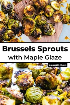 brussel sprouts with maple glaze on a cutting board and in the background