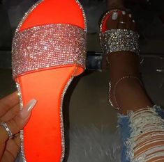 Highlight Orange beautiful bling out rhinestone cute And comfy flat sandals Rubber Slippers, Glitter Flats, Open Toe Slippers, Crystal Sandals, Rhinestone Flats, Outdoor Sandals, Beach Slippers, Jelly Shoes, Casual Slippers