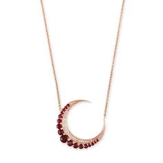 Details 14k gold graduated ruby crescent moon necklace with pave diamonds Available in 14k yellow, rose and white gold Handmade in USA Necklace length is 15" + 2" extension Crescent moon is approximately 1.10" Due to the nature of all gemstones, small variations in size, shape and color may occur and may not be exact as image shown Crescent Moon Necklace Gold, Heart Shaped Necklace, Gemstone Necklaces, Gem Necklace, Crescent Moon Necklace, White Gold Necklaces, Minerals And Gemstones, Rutilated Quartz, Moon Necklace