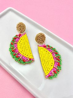 Adorable beaded taco earrings! Earrings are nickel-free, surgical steel with felt-back making them very lightweight and great for all-day wear! Felt Beaded Earrings, Novelty Beaded Earrings For Gift, Mexican Beaded Earrings, Neon Beaded Earrings, Mexican Flag Beaded Earrings, Day Trip Outfit, Taco Earrings, Felted Earrings, Taco Lover