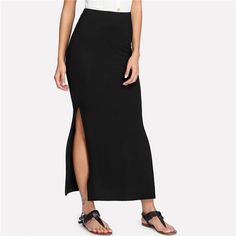 This sassy but sweet skirt is sure to be a new fave in your wardrobe. Featuring a long-fitted skirt feel with a high side split. Keep your look casual but cute by pairing with a tee and sandals or dress it up with heels and a to with statement jewelry for a night on the town. Black Split Hem Skirt For Summer, Chic Stretch Maxi Skirt For Day Out, Summer Casual Stretch Pencil Skirt, Casual Summer Stretch Pencil Skirt, Casual Stretch Pencil Skirt For Summer, Summer Split Hem Skirt For Night Out, Summer Skirt With Split Hem For Night Out, Summer Night Out Skirt With Split Hem, Trendy Solid Pencil Skirt For Night Out