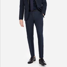 28x28 Fitted Navy Straight Dress Pants, Fitted Full-length Navy Dress Pants, Navy Slim Fit Pants For Business Casual, Navy Slim Fit Bottoms For Work, Navy Fitted Bottoms For Semi-formal Occasions, Navy Fitted Straight Leg Work Pants, Navy Fitted Pants With Straight Hem, Elegant Blue Work Pants For Business Casual, Blue Semi-formal Straight Leg Suits