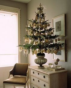 a small christmas tree in a vase on top of a dresser next to a window