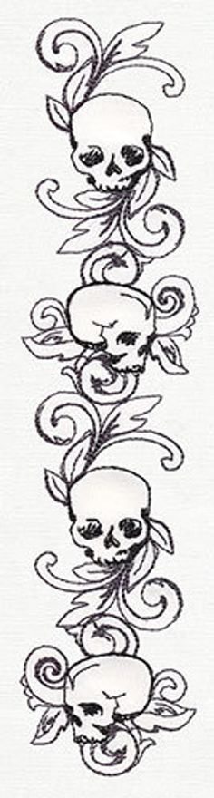 a line drawing with skulls and swirls on it