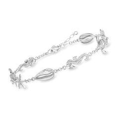 Ross-Simons - Sterling Silver Sea Life Anklet. 10". An RS exclusive. Here's the perfect beachy accessory. Crafted of textured and polished sterling silver, this anklet boasts shells, starfish, sea turtles and seahorses. Ideal for all of your summer soirees! Features a 1" extender. Lobster clasp, sterling silver sealife anklet. Silver Sea, Mediterranean Cruise, Seahorses, Fine Jewelery, Sea Turtles, Sealife, Anklet Jewelry, Jewelry Silver, Summer Jewelry