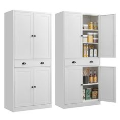 two white pantry cabinets with doors open