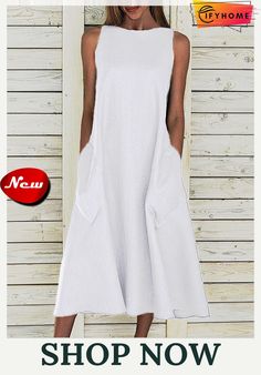 Summer Maxi Pockets Dress Women Solid Sleeveless Crew Neck Dress Spring Sleeveless Shift Maxi Dress, Sleeveless Shift Maxi Dress For Spring, Casual Sleeveless A-line Dress, Casual Sleeveless Shift Maxi Dress, Sleeveless Solid Color Midi Dress For Summer, White Casual Midi Sleeveless Dress, White Casual Midi Length Sleeveless Dress, Sleeveless Shift Midi Dress For Summer, Shift Sleeveless Midi Dress For Summer