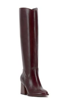 Smooth, polished leather forms the upper of this knee-high boot set atop a slightly curved block heel. 2 3/4" heel 15 1/4" shaft; 14 1/2" regular calf circumference 15 1/4" shaft; 16" wide calf circumference 15 1/4" shaft; 17" extra-wide calf circumference Leather upper/synthetic lining/rubber sole Imported