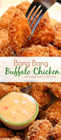 a close up of a plate of food with a fork in it and the words bang bang buffalo chicken