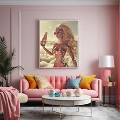 a living room with pink walls and furniture