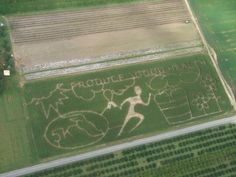 an aerial view of a field with some writing on it