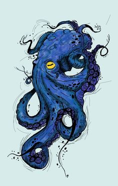 an octopus with yellow eyes and tentacles on it's face, in blue ink