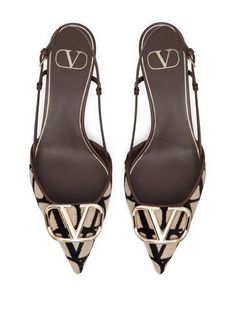 Find VALENTINO Logo Plaque Slingback Pumps on Editorialist. coffee brown/light beige/black leather branded insole low heel pointed toe gold-tone logo plaque buckle-fastening ankle strap Valentino Slingback, Valentino Logo, Pointy Shoes, Valentino Fashion, Neutral Shoes, Heart Shoes, Girly Shoes, Satin Pumps, Kitten Heel Pumps