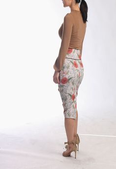 "ArtAffect signature, High Waist Skirt is created with attention to details Fit is figure flattering with 4\" wide waist band This beautiful pencil skirt is made of medium weighted fabric with hint of stretch for easy move It has beige and gray undertone background with toned down orange, green and white flower pattern Classic pencil skirt length makes it to dress up for special occasion Figure flattering fit for work- ready look and even more -Long and lean silhouette -Tailored Fit -Drops below High Waist Floral Print Relaxed Skirt, Floral Print Pencil Skirt For Summer, Fitted Pencil Skirt For Spring, Hip-length, Spring Fitted Pencil Skirt, Fitted Hip-length Pencil Skirt For Spring, Hip-length Lined Skirt For Spring, Stretch Floral Print Long Skirt, High Waist Fitted Wrap Skirt For Spring, Floral Print Stretch Long Skirt