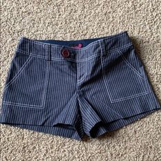 Worn Only Once. They Look Brand New. 64% Cotton, 34% Polyester, 2% Spandex. Dark Blue Denim Color With White Pinstripes. Front Pockets. 3” Inseam Blue Striped Shorts, Pinstripe Dress, Dress Shorts, Denim Color, Dark Blue Denim, Pants Blue, Colored Denim, Striped Shorts, Short Pants