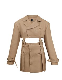 Beige dress with wide shoulders. The bottom part (skirt) is detachable and the dress can be transformed into a cropped blazer or worn as just a skirt. You can also regulate the length of the dress using the connecting belts. The dress is decorated with metal details and belts. Material – 50% cotton, 50% acrylicLining – Satin substitute (100% polyester).Care - Dry cleanThe model is wearing size S. Measurements:XS - Bust(cm):80-82; Waist(cm):63-64; Hips(cm):87-89.S - Bust(cm):83-84; Waist(cm):65-6 Formal Fitted Skirt With Belt Detail, Chic Fitted Blazer Dress With Belt Loops, Wide Shoulders, Blazer And Skirt Set, Beige Dress, Blazer And Skirt, Beige Dresses, Cropped Blazer, A Skirt