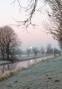 the sun is setting on a frosty day over a small river and some trees