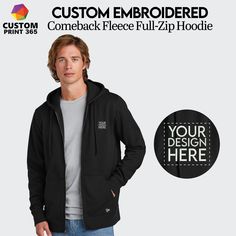 The custom embroidered New Era® Comeback Fleece Full-Zip Hoodie is a premium and stylish garment that combines the comfort of a hoodie with the warmth of fleece. Made by renowned sports apparel brand New Era®, this hoodie features a full-length zipper that allows for easy wear and removal. The fleece material provides a soft and cozy feel, making it perfect for chilly days or casual outings. What sets this hoodie apart is the custom embroidery option, which allows you to personalize it with your own design, logo, or text. This customization adds a unique touch, making it an excellent choice for team apparel, promotional items, or gifts for special occasions. The New Era® Comeback Fleece Full-Zip Hoodie is not only fashionable but also functional, featuring a hood with drawstrings to protec Custom Zip Up Hoodie, Monogram Jacket, Hoodie Personalized, Apparel Brand, Promotional Items, Sports Apparel, Team Apparel, Personalized Monogram, Custom Embroidery