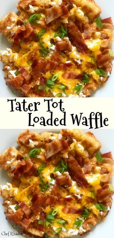 two pizzas with different toppings on them and the words tater tot loaded waffle