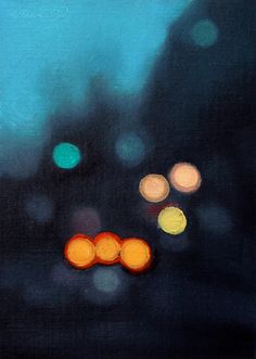 an oil painting of traffic lights in the dark