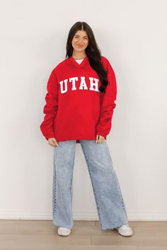 Stay comfortable and show your school spirit with our Utah Utes Classic V-Neck Wind Shirt featuring a bold college logo. Designed for style and functionality, this lightweight layer offers wind protection with a timeless v-neck design, perfect for game days or casual outings. Collegiate V-neck Top With Letter Print, Collegiate Sports V-neck Top, Collegiate V-neck Sports Top, V-neck Tops For College Sports Season, Collegiate Style Cotton V-neck Top, Varsity Style Team-colored School Top, Team-colored Varsity School Tops, Team-colored Varsity Tops For School, University Red Collegiate Tops For College