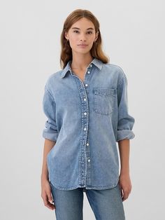 Smooth poplin weave. Dropped shoulder, long sleeves with button cuffs. Spread collar, button front. Patch pocket at chest. Curved shirttail hem is longer at back. #825451 Pajamas Gift, Big Shirt, Baby Pajamas, Gap Denim, Chambray Shirt, Denim Shirt, Drop Shoulder, Chambray, Stretch Denim