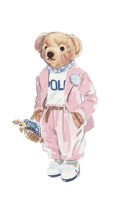 a drawing of a teddy bear wearing a pink outfit and holding a basket with flowers