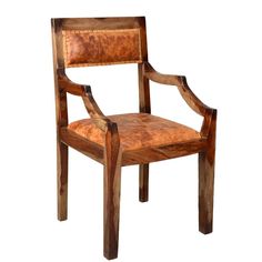 a wooden chair with leather upholstered on the back and arm rests against a white background